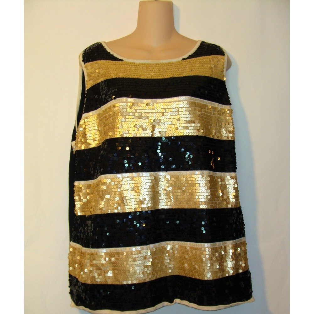 VINTAGE WORTHINGTON WOMENS PLUS BLACK GOLD SEQUIN SWEATER TOP SZ 1X 16W B1